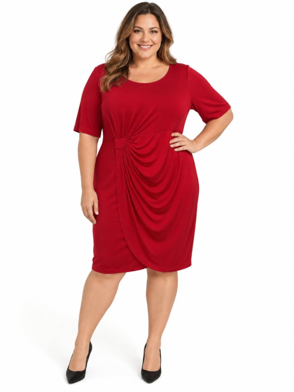 Connected Apparel Red Dress 16W Ruched Draped Faux Wrap Cocktail Plus Size